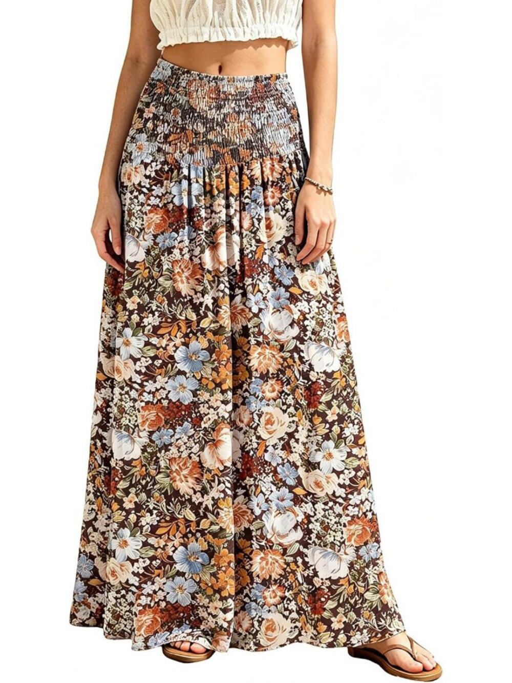 Boho Maxi Skirt for Women | Flowy Casual Long Skirt with Smocked Waist